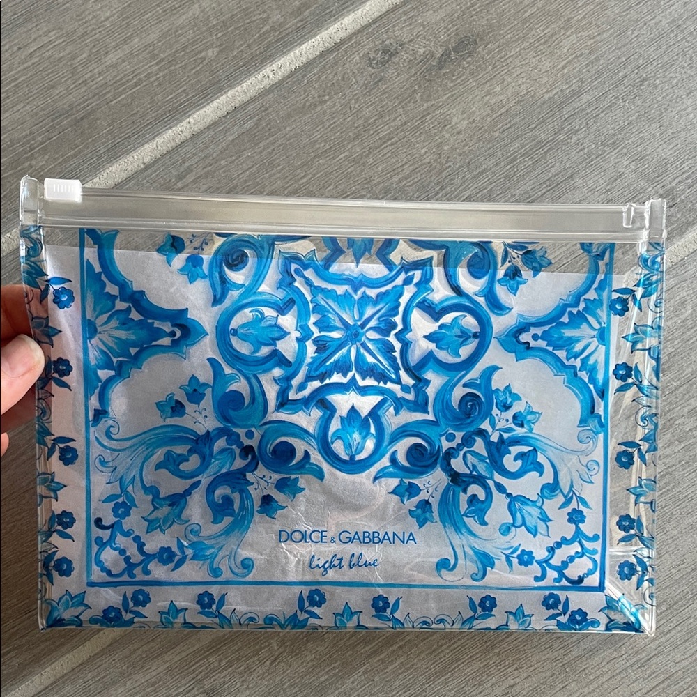 NEW Dolce & Gabbana Light Blue & Clear Pouch  Makeup/Travel Bag Blue Floral